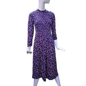 Velvet Torch Long Dark Blue Floral Dress. Rayon Fit and Flair Shired Neck Med